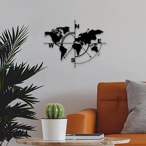 Metal World Map Wall Art Metal Compass Design