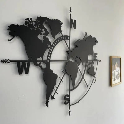 Metal World Map Wall Art Metal Compass Design